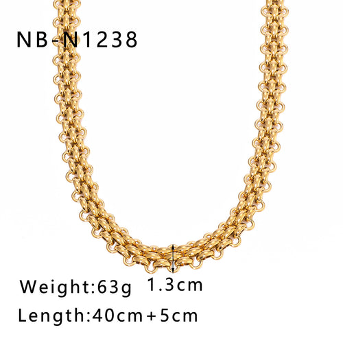 Gold chain necklace with weight, length, and size information on a white background