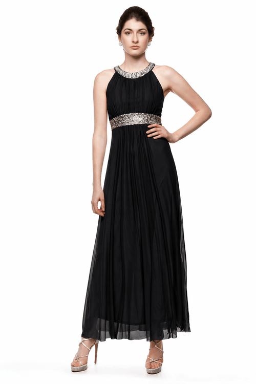 Black evening gown with silver embellishments on a white background