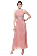 Pink evening gown with silver waistband on a white background