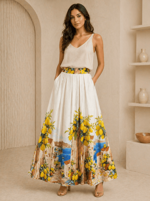 Woman wearing a white top and a long floral skirt with a scenic print in a neutral setting.