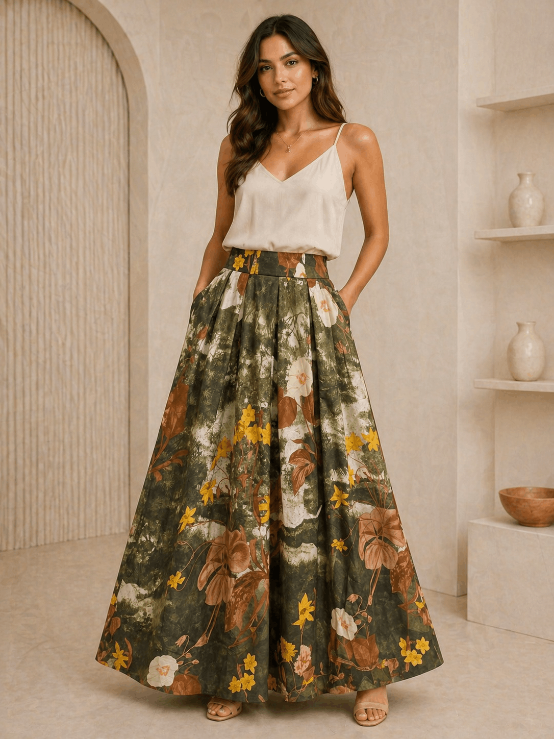 Woman wearing a white top and floral skirt in a neutral setting