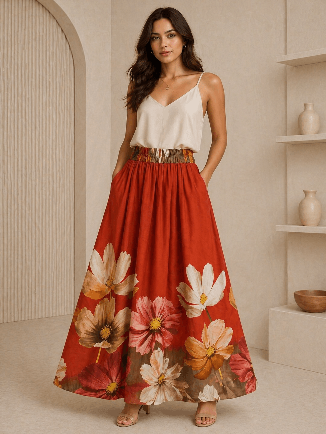 Woman wearing a white top and red floral skirt in a neutral setting