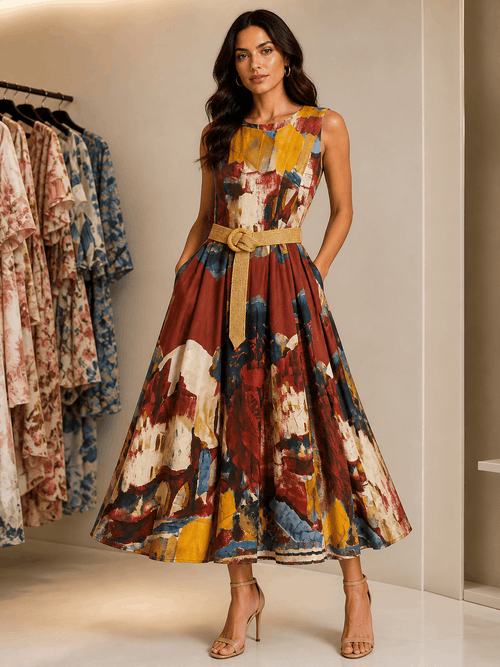 Woman wearing a colorful patterned dress in a clothing store.