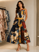 Woman wearing a colorful patterned dress with a belt in a clothing store.