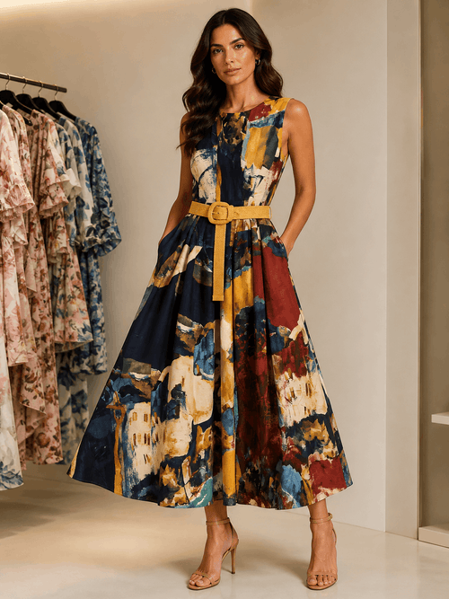 Woman wearing a colorful patterned dress with a belt in a clothing store.