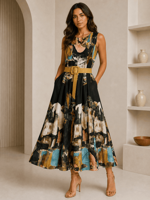 Woman wearing a sleeveless dress with abstract pattern and belt in a neutral setting