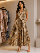 Woman wearing a floral dress in a clothing store