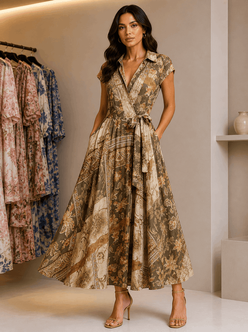 Woman wearing a floral dress in a clothing store