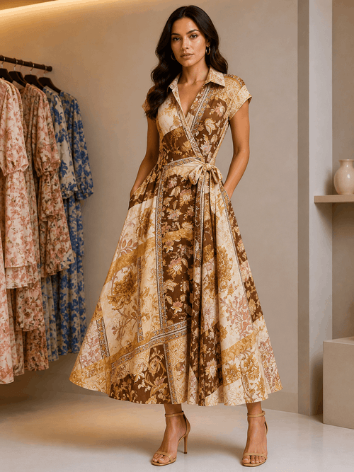 Woman wearing a patterned dress in a clothing store setting