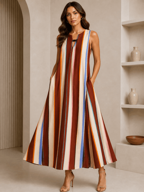 Woman wearing a colorful striped dress in an indoor setting.