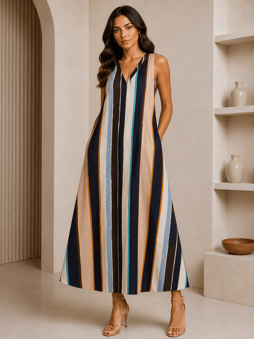 Woman wearing a long, multicolored striped dress in an indoor setting.