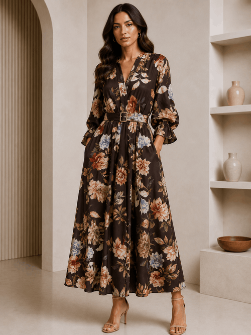 Woman wearing a floral dress in a minimalistic room with shelves.