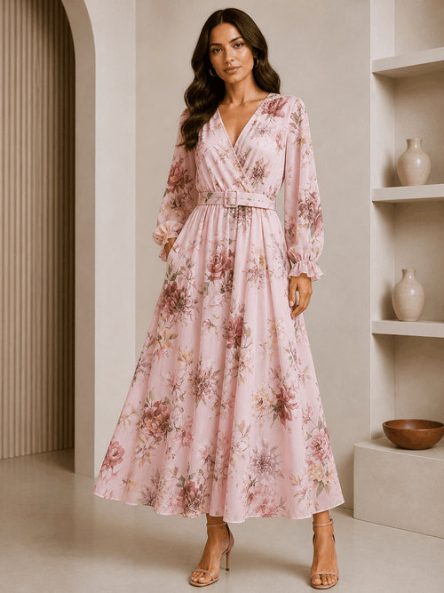 Woman wearing a pink floral dress in a neutral setting