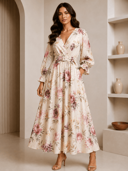 Woman wearing a floral dress in a neutral setting