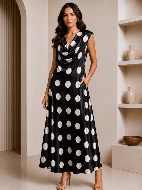 Woman wearing a black dress with white polka dots in an indoor setting.