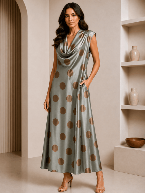 Woman wearing a green dress with brown polka dots in an indoor setting.