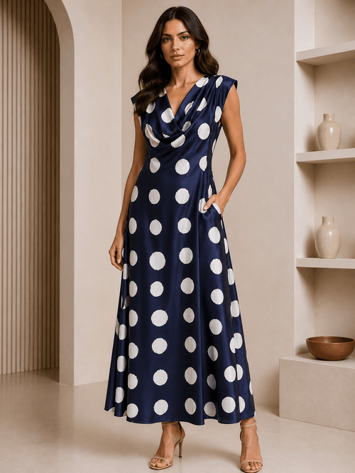 Woman wearing a navy blue dress with white polka dots in an indoor setting.
